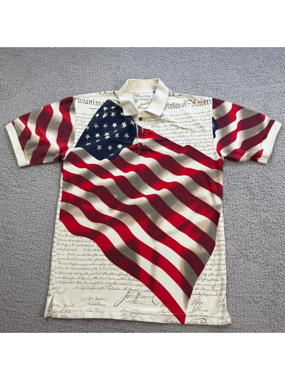 Vintage American Summer USA Flag Declaration Polo Shirt Men’s S AOP Patriot
